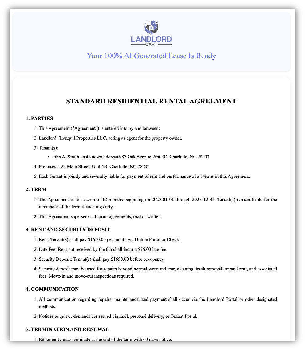 Screenshot of AI Generated Lease