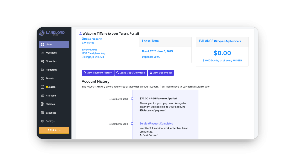 Landlord Cart tenant portal – real screenshot from a live account