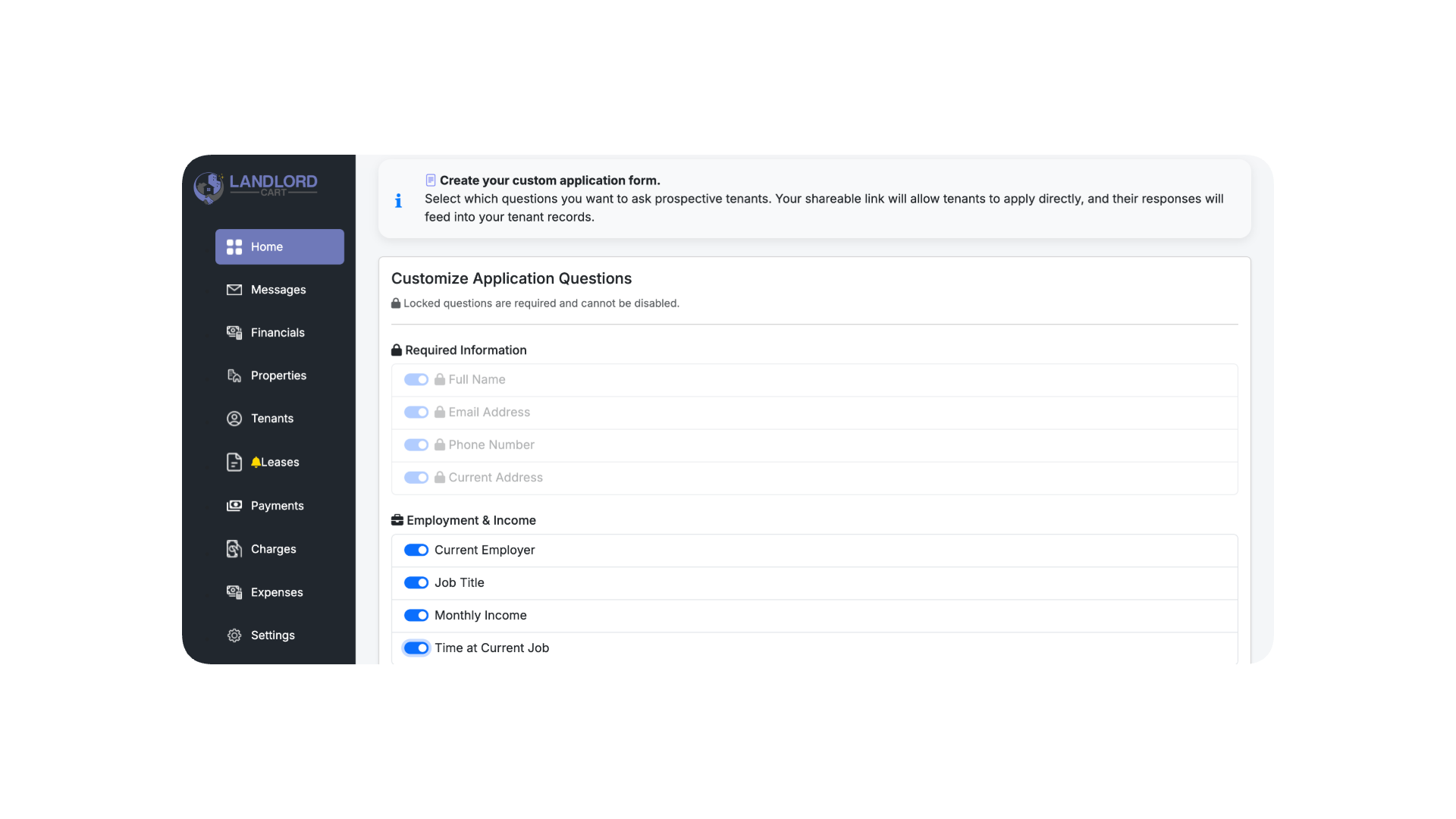 Customize rental application questions